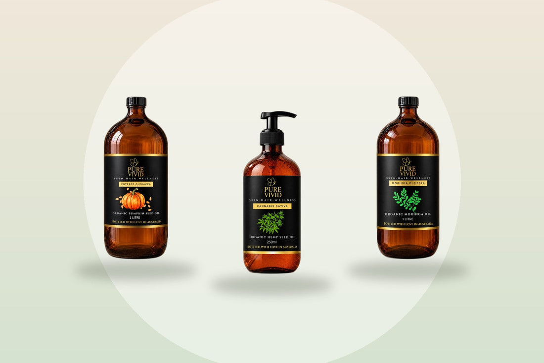 Pure Vivid oils in protective amber glass bottles