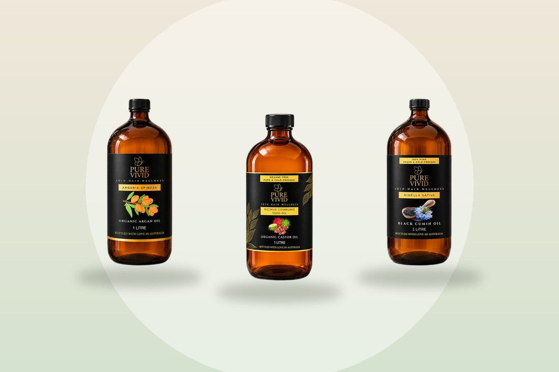 Pure Vivid argan, castor and black cumin oils for hair