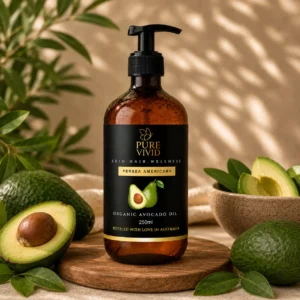 Organic Avocado Oil bottle on natural background
