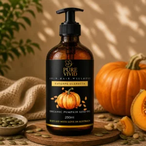 Organic Pumpkin Seed Oil bottle on wooden background