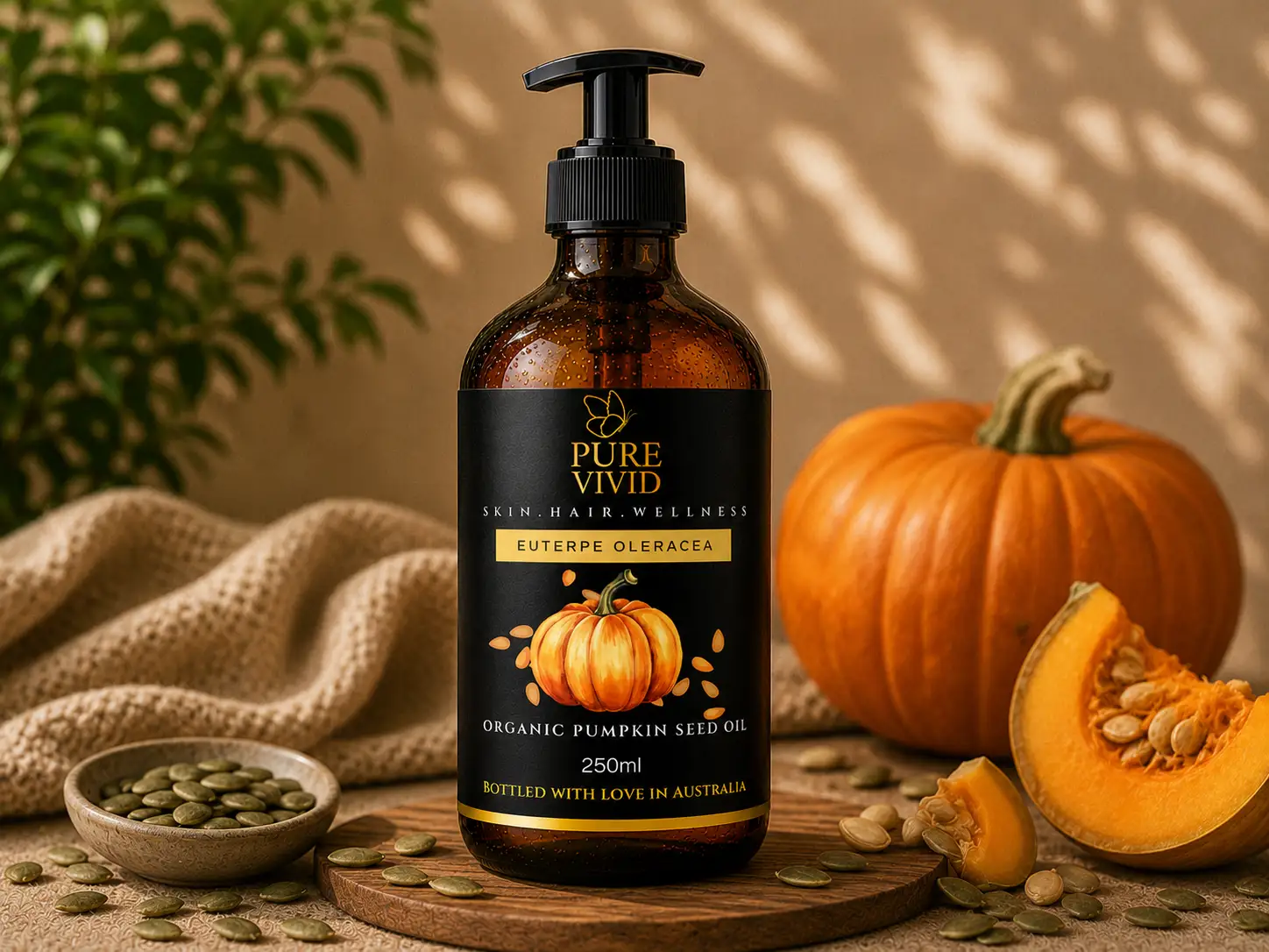 Organic Pumpkin Seed Oil bottle on wooden background