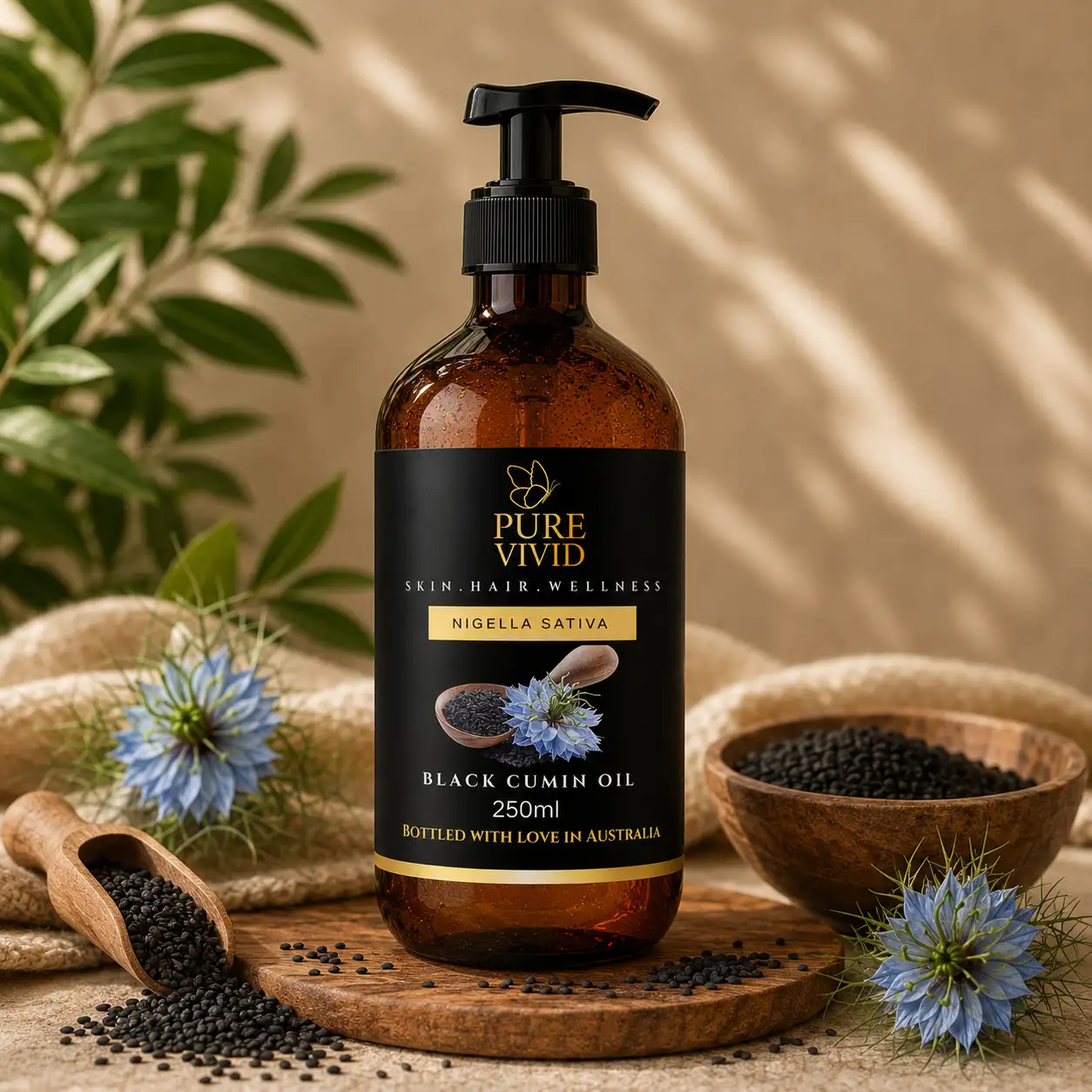 Organic Black Cumin Oil bottle on natural background